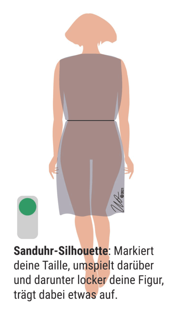 Grafik zur Sanduhr-Silhouette. Körpernah auf Taille gegürtet oder zusammengezurrtes, sonst lockeres Kleid.