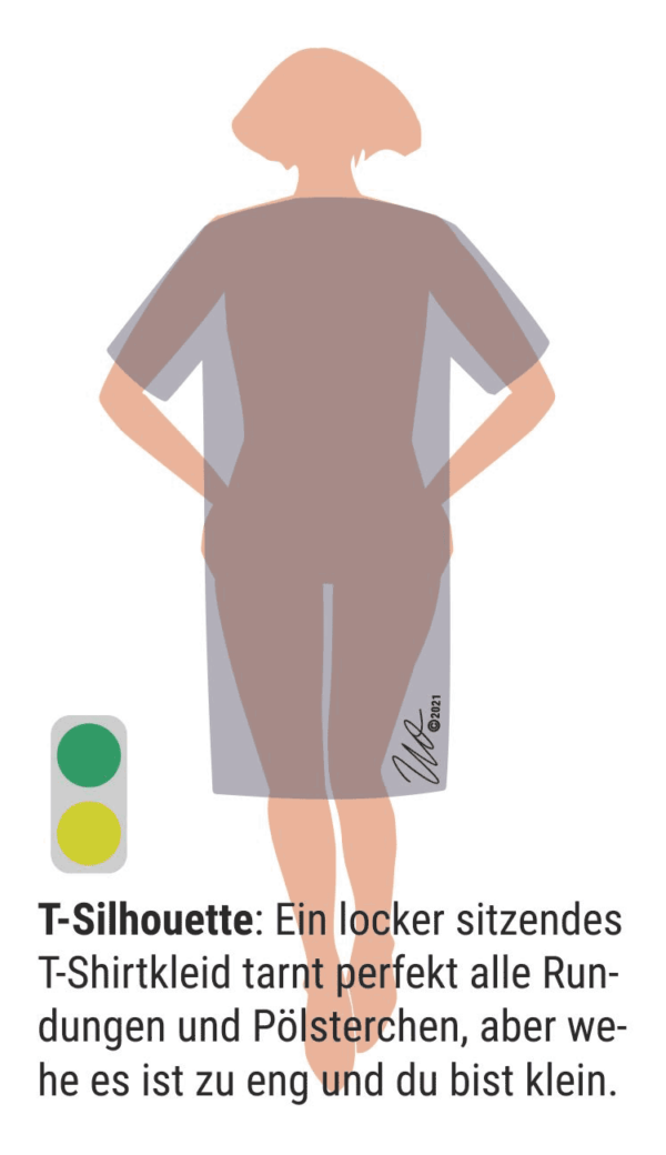 Grafik zur T-Silhouette. Knielanges, gerades Kleid in T-Shirt-Form.