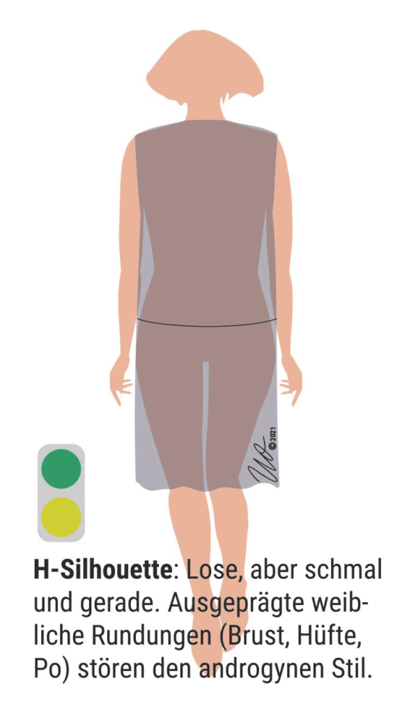 Grafik zur H-Silhouette. Die horizontale Naht auf der Hüfte teilt das gleichmäßig gerade Kleid in einen längeren oberen und einen kürzeren unteren Teil.