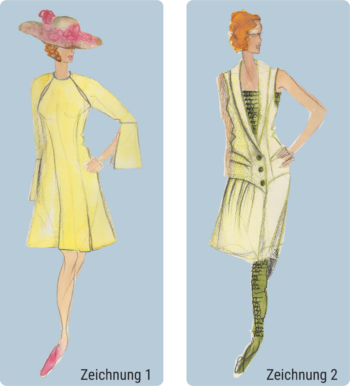 Zeichnung 1 und Zeichnung 2 zeigen je eine Modefigurine