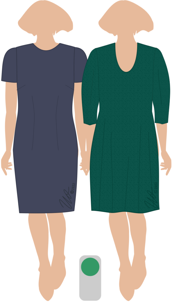 Zwei vorteilhaft gekleidete Standardfigurtypen mit Etuikleid und Body-Silhouetten-Kleid.
