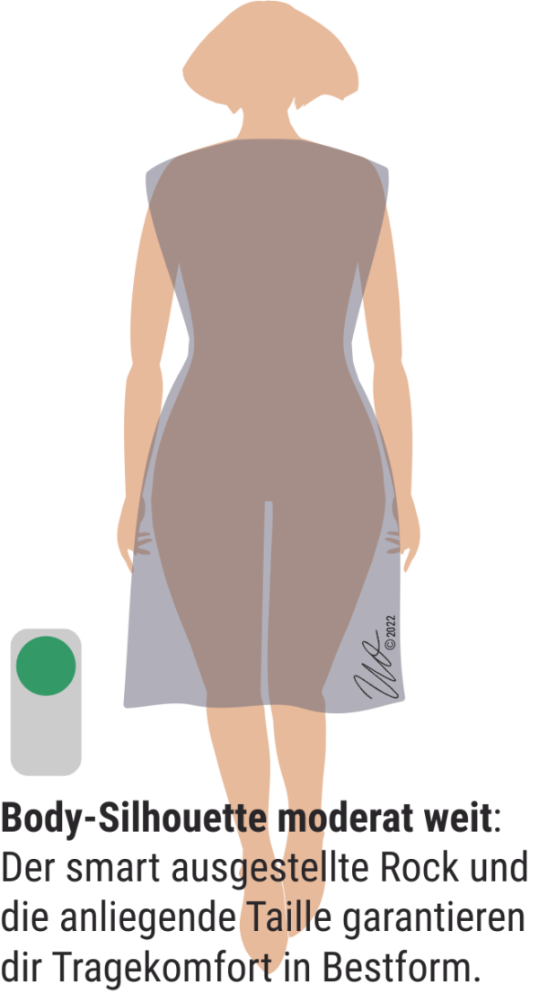 Grafik zur Body-Silhouette. Kleid mit ausgestelltem Rockteil in Form eines taillierten Longshirts.