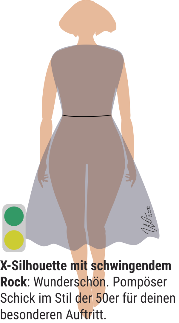 Bild zur X-Silhouette. Kleid mit weit ausschwingendem Rock und schmaler betonter Taille.