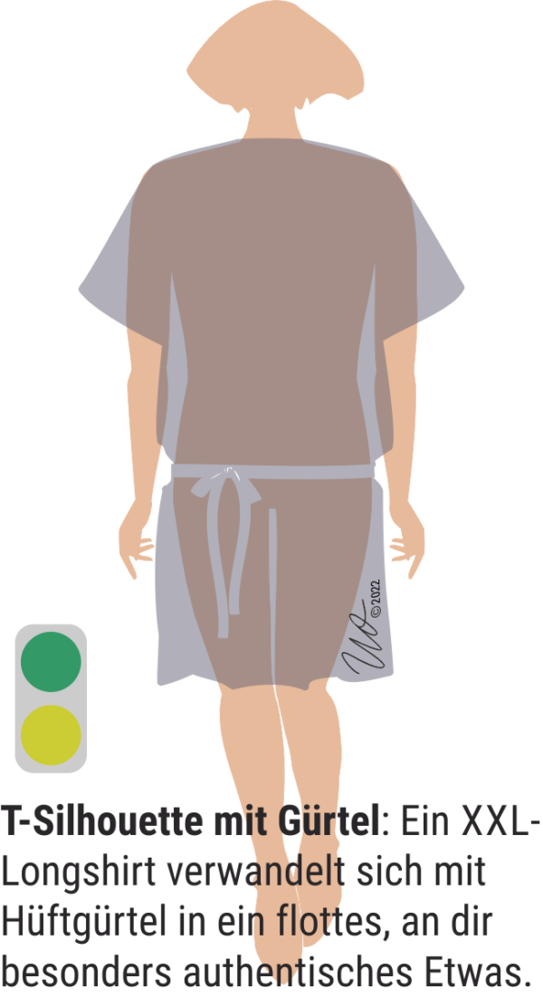 Grafik zur T-Silhouette mit Hüftgürtel. Longshirt lose auf der Hüfte gegürtet.