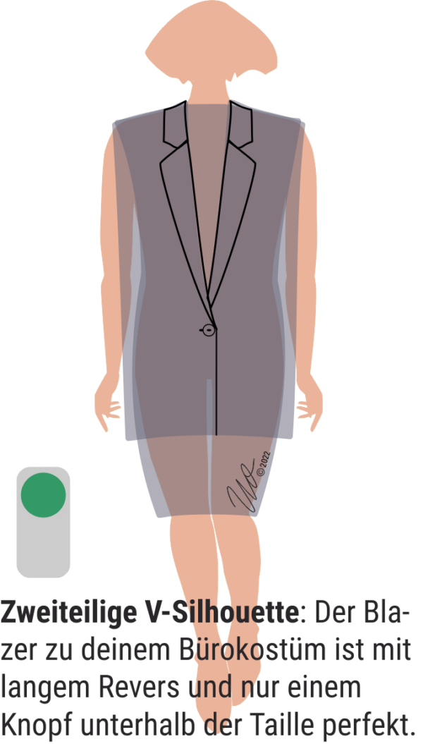 Grafik zu zweiteiliger V-Silhouette. Longblazer in V-Form mit einem Knopf auf Hüfthöhe zu schmalem Kostümrock.