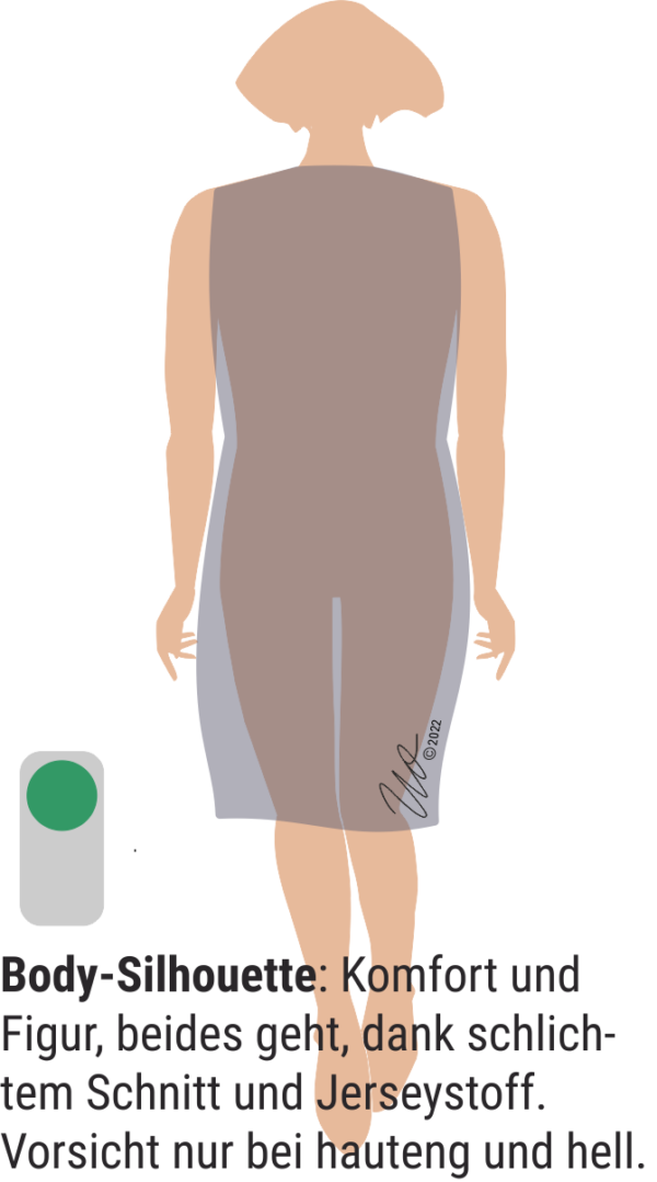 Grafik zur Body-Silhouette. Knielanges Kleid schlichter Schnitt, Jerseystoff.