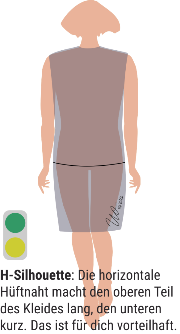 Grafik zur H-Silhouette. Die horizontale Naht auf der Hüfte teilt das gleichmäßig gerade Kleid in einen längeren oberen und einen kürzeren unteren Teil.